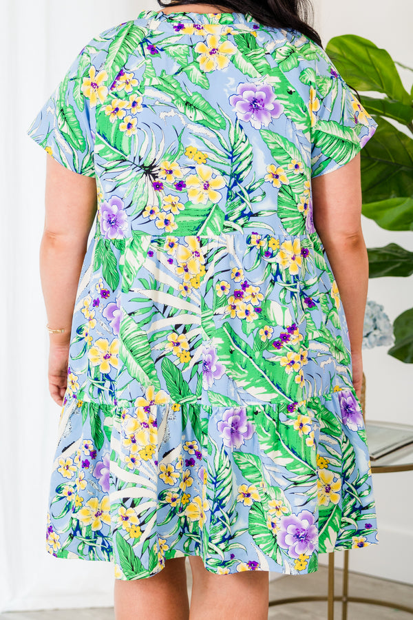Chic Soul plus size clothing, blue combo short sleeve mini dress with v cutout on neckline with drawstring and tropical design