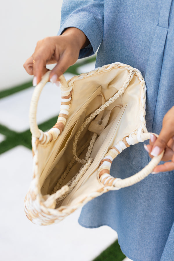 Chic Soul plus size clothing,  woven straw bag with white and beige accents as well as round straps 
