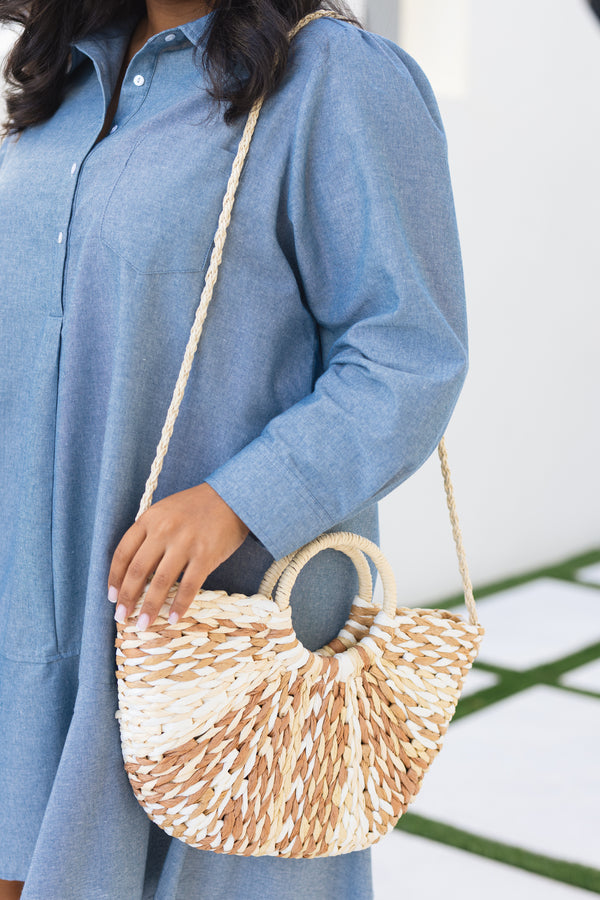 Chic Soul plus size clothing,  woven straw bag with white and beige accents as well as round straps 