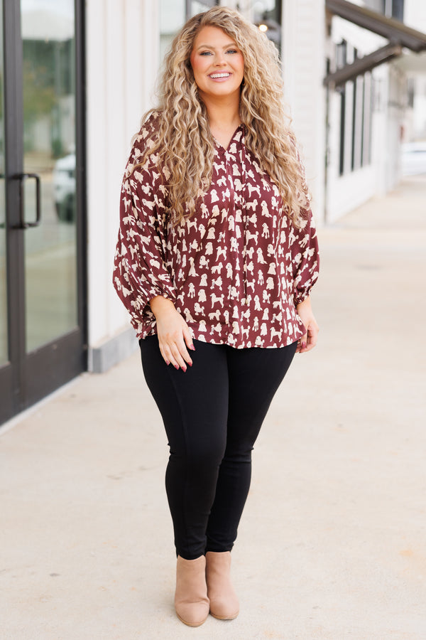 Chic Soul plus size clothing, brown top with white dog pattern, tie collar, and synched wrists