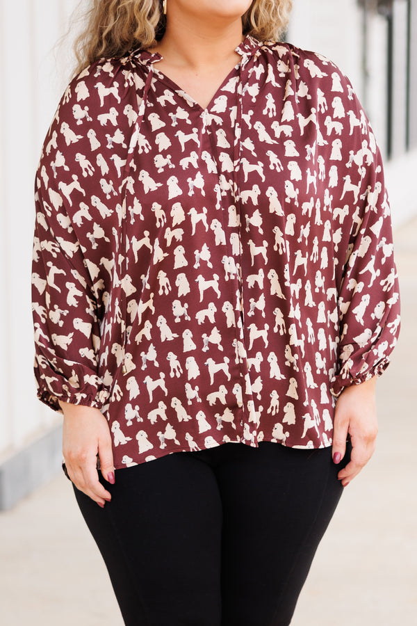 Chic Soul plus size clothing, brown top with white dog pattern, tie collar, and synched wrists