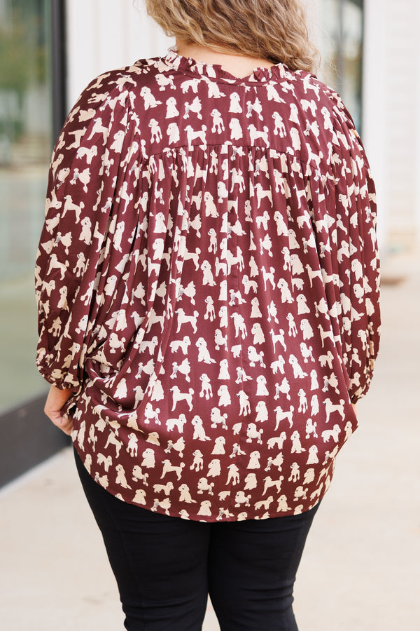 Chic Soul plus size clothing, brown top with white dog pattern, tie collar, and synched wrists
