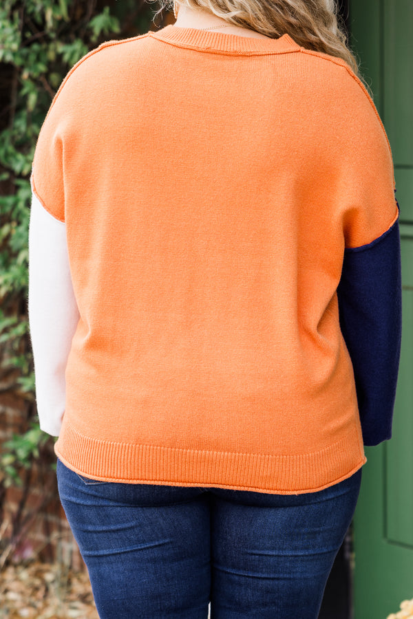 Chic Soul plus size clothing, long-sleeve copper-ivory-navy color block sweater with distressed stitching and v-neckline 