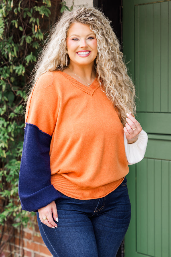 Chic Soul plus size clothing, long-sleeve copper-ivory-navy color block sweater with distressed stitching and v-neckline 