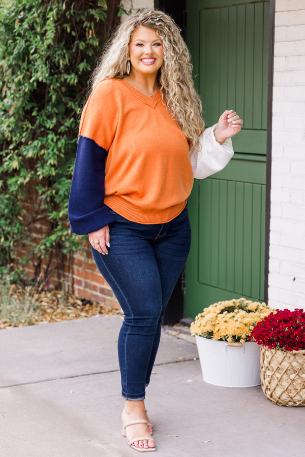 Chic Soul plus size clothing, long-sleeve copper-ivory-navy color block sweater with distressed stitching and v-neckline 