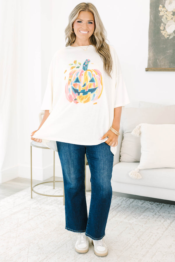 Plus size ivory boyfriend tee with a colorful watercolor jack-o'-lantern graphic.