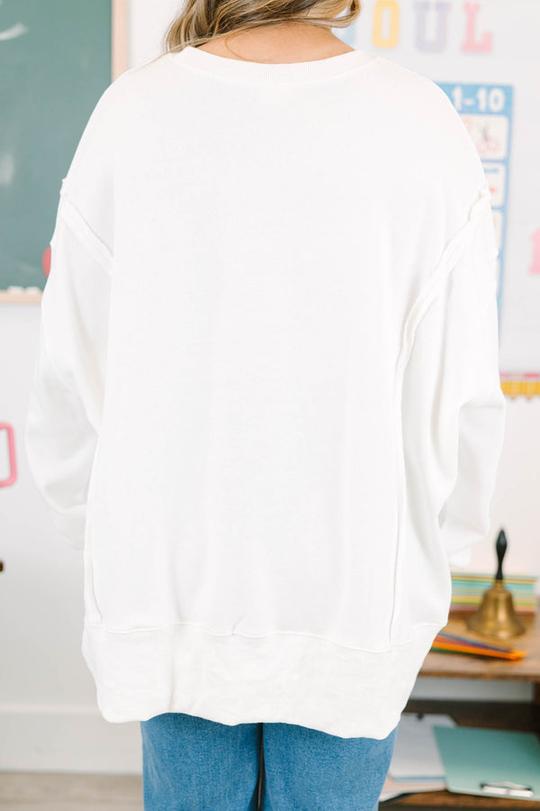 Plus Size ivory crew neck sweatshirt with a colorful polka dot 'TEACH' graphic on the front.