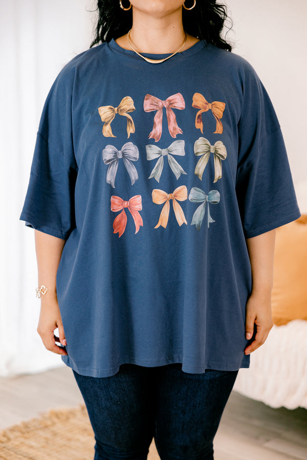 Chic Soul plus size clothing, navy blue half sleeve crewneck t-shirt with autumn colored bows graphic