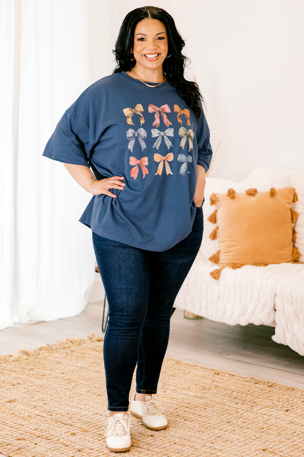 Chic Soul plus size clothing, navy blue half sleeve crewneck t-shirt with autumn colored bows graphic