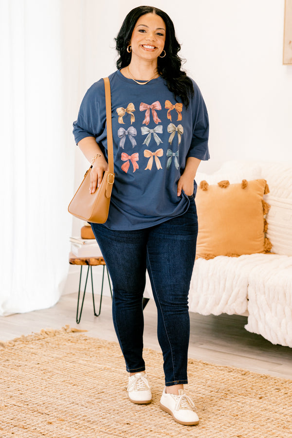 Chic Soul plus size clothing, navy blue half sleeve crewneck t-shirt with autumn colored bows graphic
