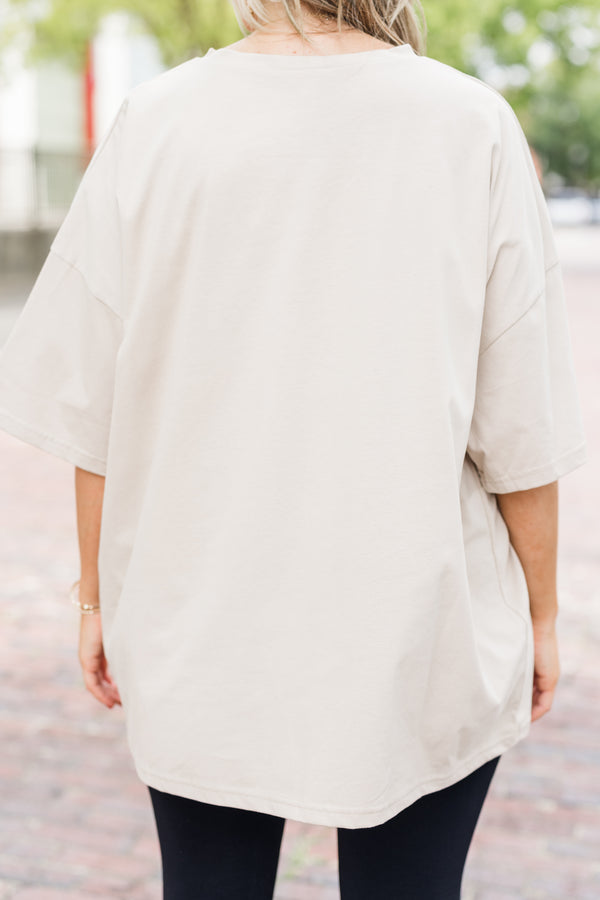 Chic Soul plus size clothing, light mocha short sleeve boyfriend tee with pastel multicolored pumpkin graphic