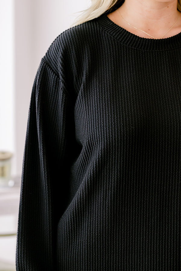 Chic Soul plus size clothing, black ribbed long sleeve casual top