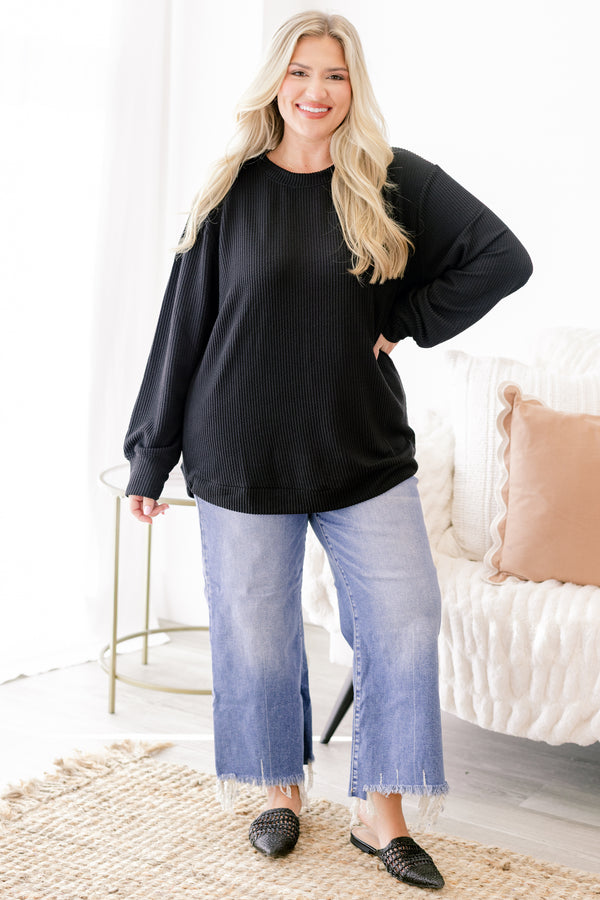 Chic Soul plus size clothing, black ribbed long sleeve casual top