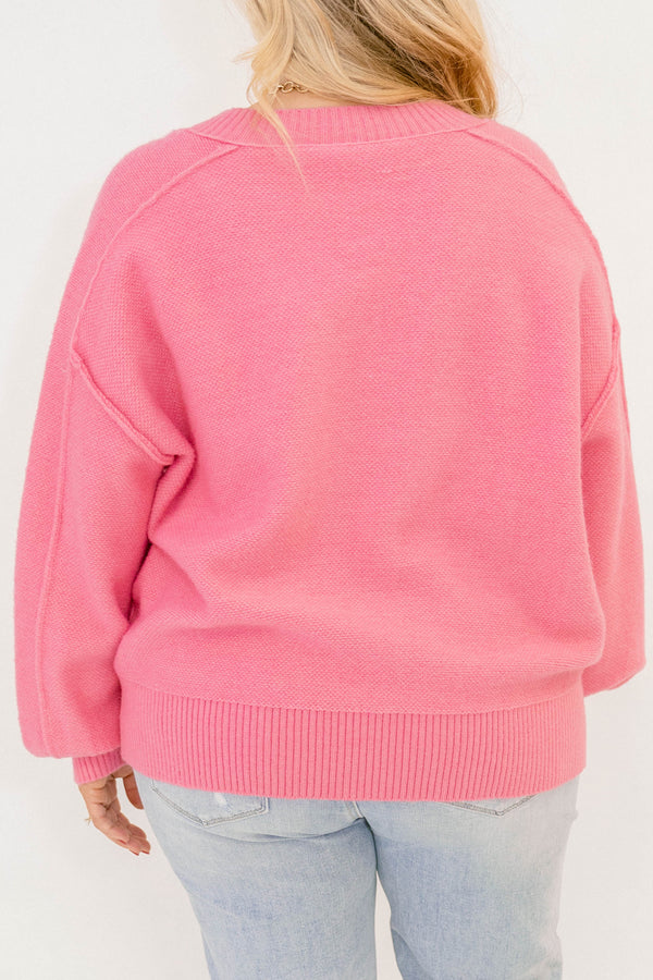 Chic Soul plus size clothing, pink sweater with long sleeves and ribbing details on the sleeves and v-neckline 