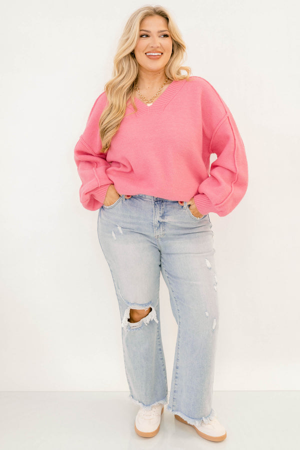 Chic Soul plus size clothing, pink sweater with long sleeves and ribbing details on the sleeves and v-neckline 