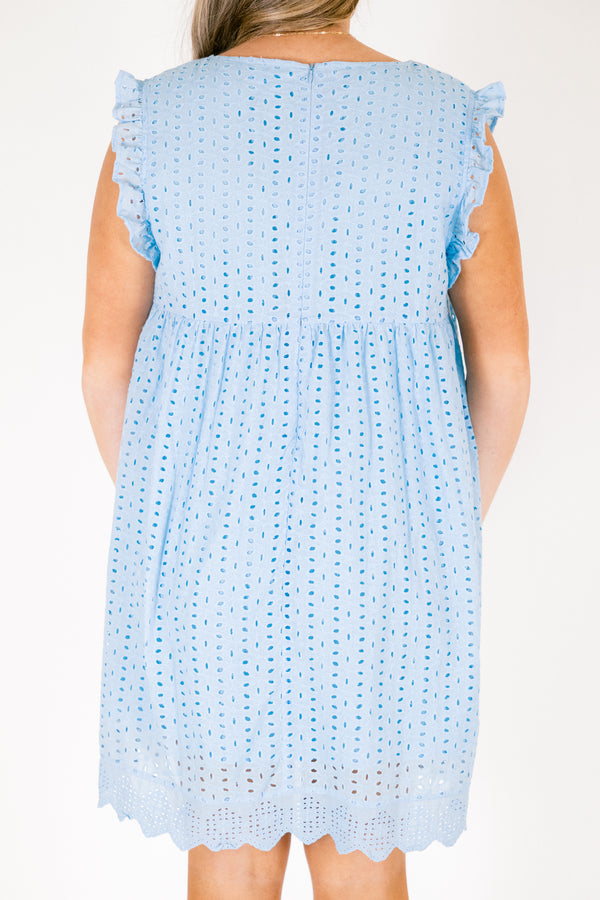 Chic Soul plus size clothing, light blue ruffle sleeveless short dress with v-neckline and eyelet detailing and scalloped hem at the bottom of the dress