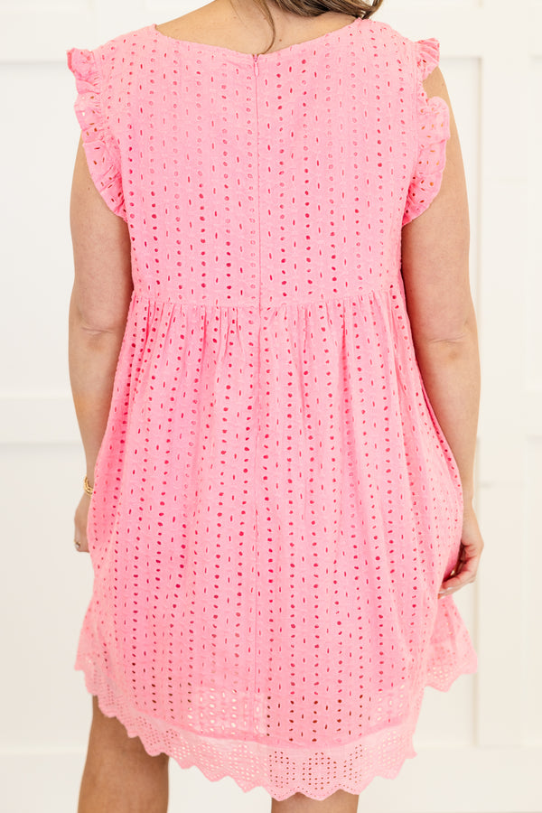 Chic Soul plus size clothing, pink dress with short flutter sleeves and eyelet design