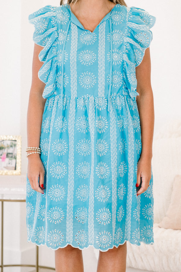 Chic Soul plus size clothing, blue sleeveless knee length babydoll dress with v neckline and ruffle along sleeves with white embroidered print