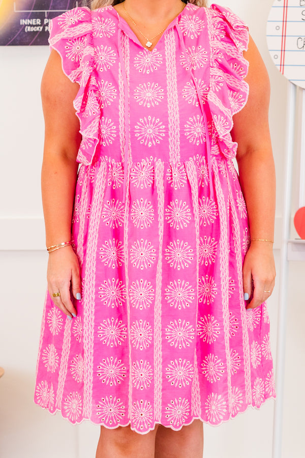 Chic Soul plus size clothing, pink sleeveless knee length dress with white embroidery print with v cutout along neckline with ruffle along sleeves