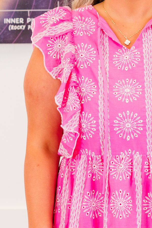 Chic Soul plus size clothing, pink sleeveless knee length dress with white embroidery print with v cutout along neckline with ruffle along sleeves