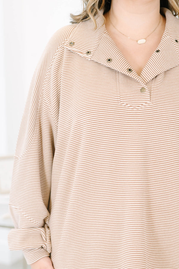 Plus size clothing, brown and white striped pullover with folder collar and snap button placket detail