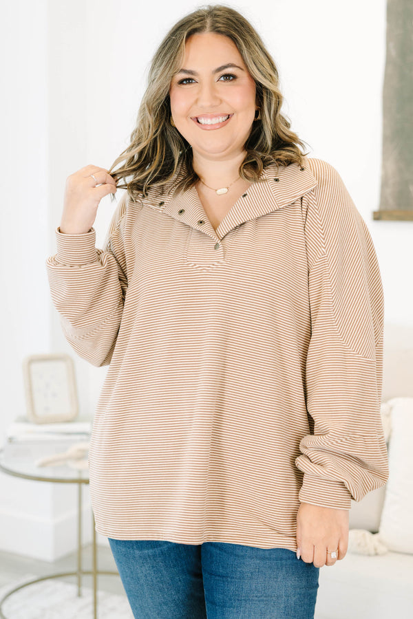 Plus size clothing, brown and white striped pullover with folder collar and snap button placket detail
