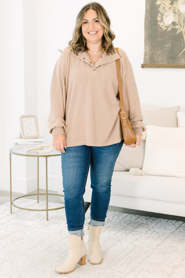 Plus size clothing, brown and white striped pullover with folder collar and snap button placket detail