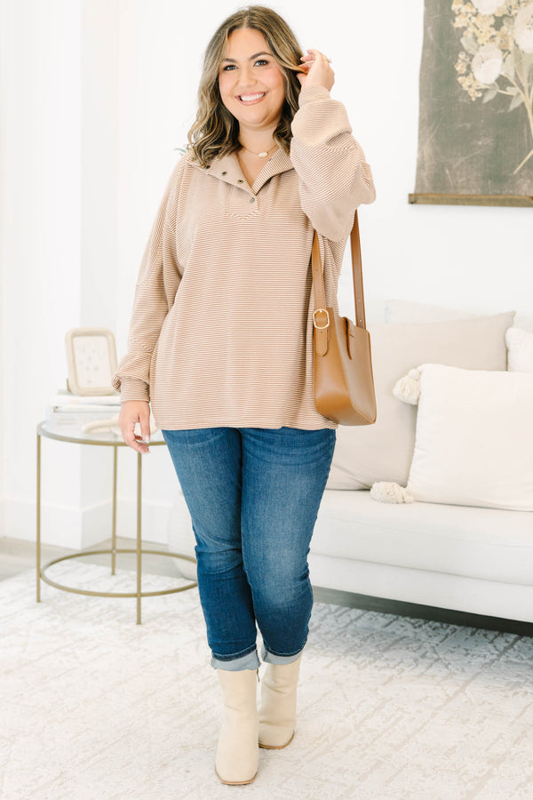 Plus size clothing, brown and white striped pullover with folder collar and snap button placket detail