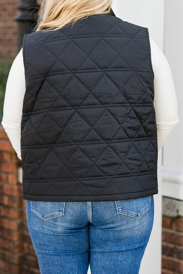 Chic Soul plus size clothing, black sleeveless quilted puffer vest with zipper detail and collar with side pockets