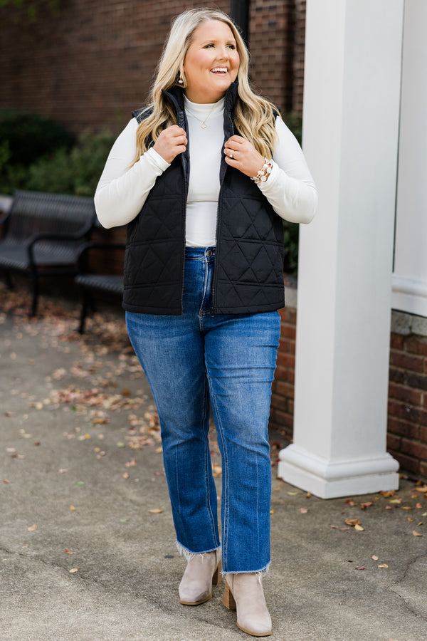 Chic Soul plus size clothing, black sleeveless quilted puffer vest with zipper detail and collar with side pockets