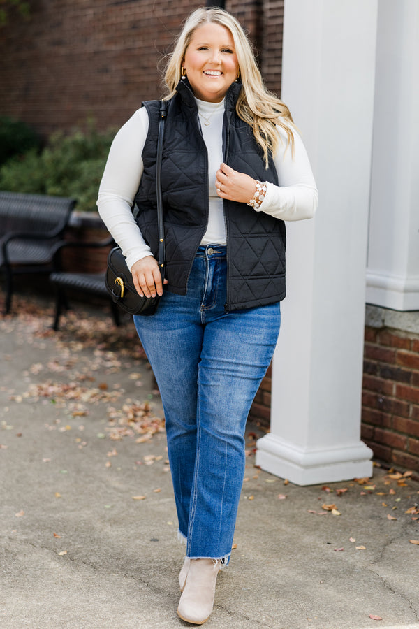 Chic Soul plus size clothing, black sleeveless quilted puffer vest with zipper detail and collar with side pockets