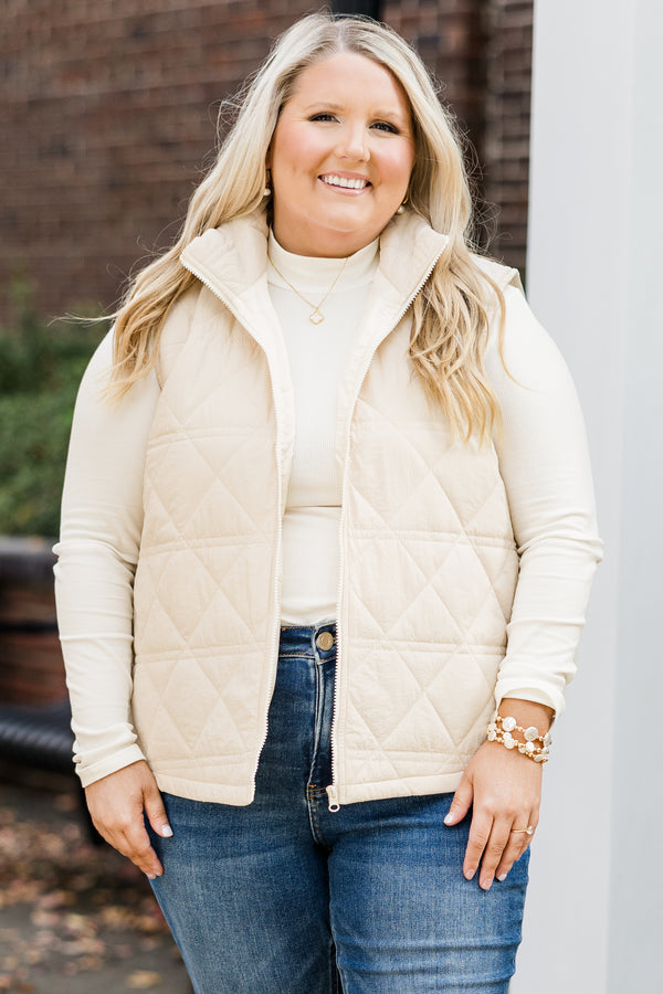 Chic Soul plus size clothing, cream sleeveless quilted zip up vest with side pockets