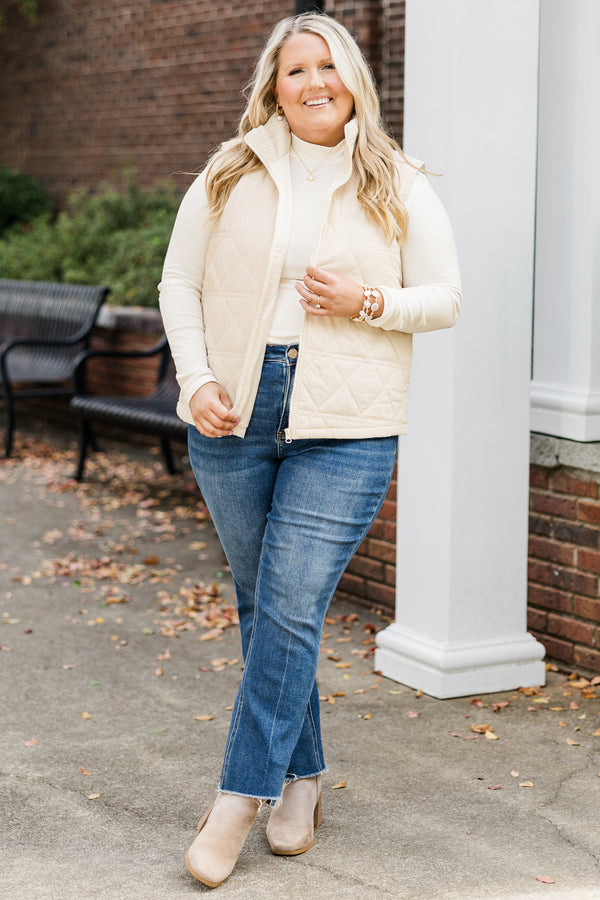 Chic Soul plus size clothing, cream sleeveless quilted zip up vest with side pockets