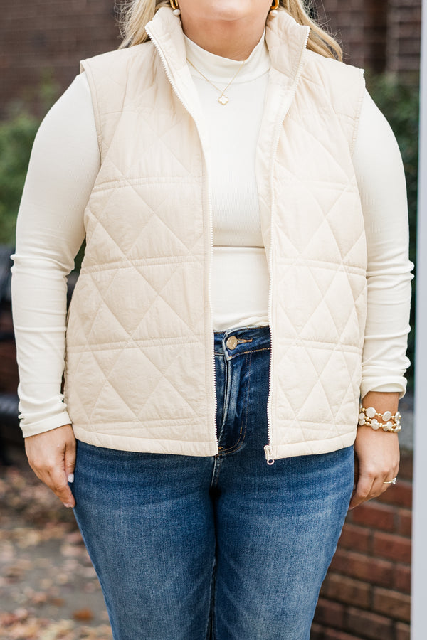 Chic Soul plus size clothing, cream sleeveless quilted zip up vest with side pockets