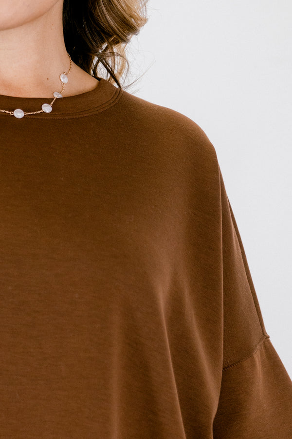 Chic Soul plus size clothing, brown short sleeve flowy slightly cropped top