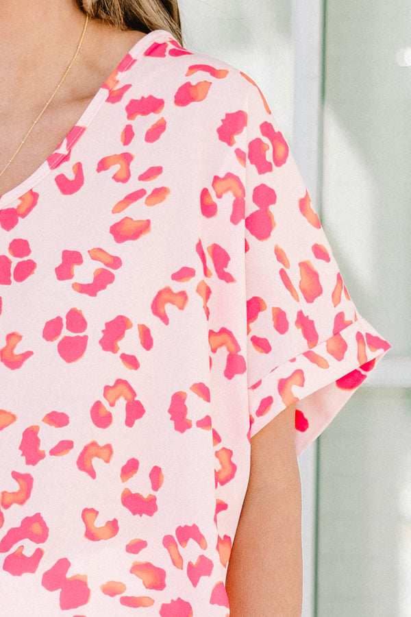 Chic Soul plus size clothing, short-sleeve pink leopard print top with a v-neckline