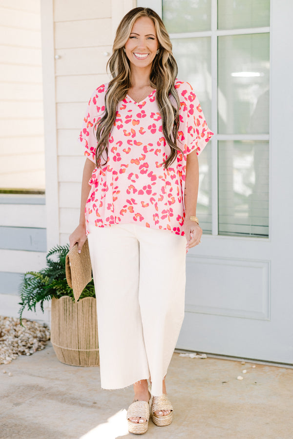 Chic Soul plus size clothing, short-sleeve pink leopard print top with a v-neckline