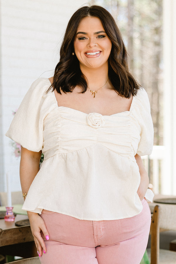 Plus Size vanilla babydoll top with puff sleeves, sweetheart neckline, and pleated floral bust.