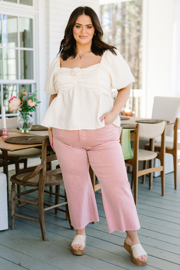 Chic Soul plus size clothing, vanilla white puff sleeve short sleeve top with rosette embellishment 