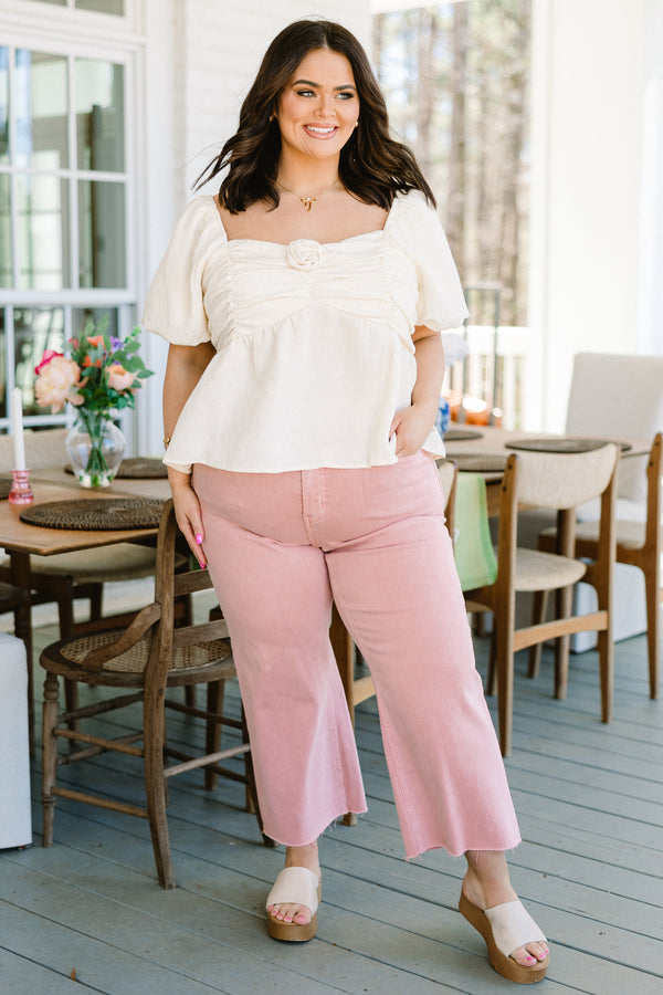 Chic Soul plus size clothing, vanilla white puff sleeve short sleeve top with rosette embellishment 