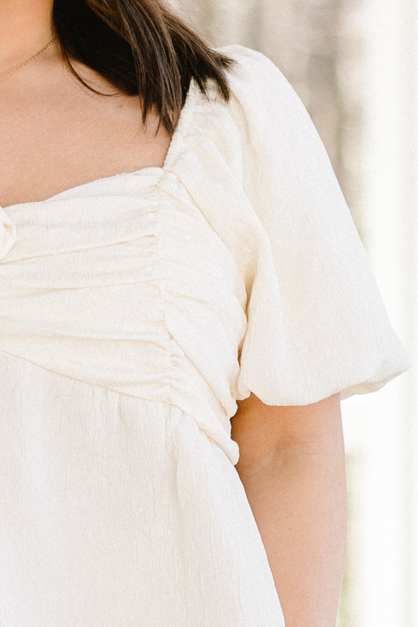 Chic Soul plus size clothing, vanilla white puff sleeve short sleeve top with rosette embellishment 