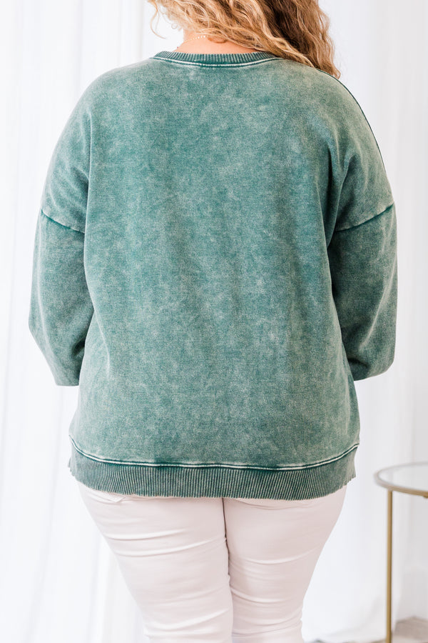 Chic Soul plus size clothing, dark green long sleeve acid wash pullover with cuff sleeves