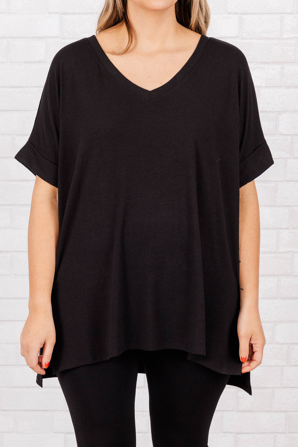 Chic Soul plus size clothing, black short sleeves top with pre cuffed sleeves and a v neck