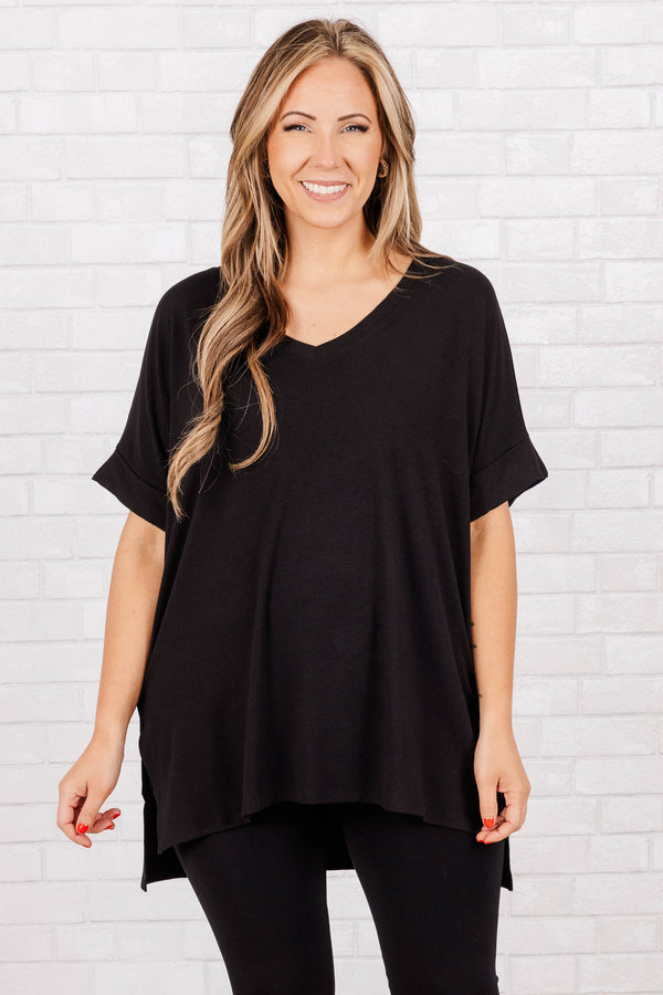 Chic Soul plus size clothing, black short sleeves top with pre cuffed sleeves and a v neck
