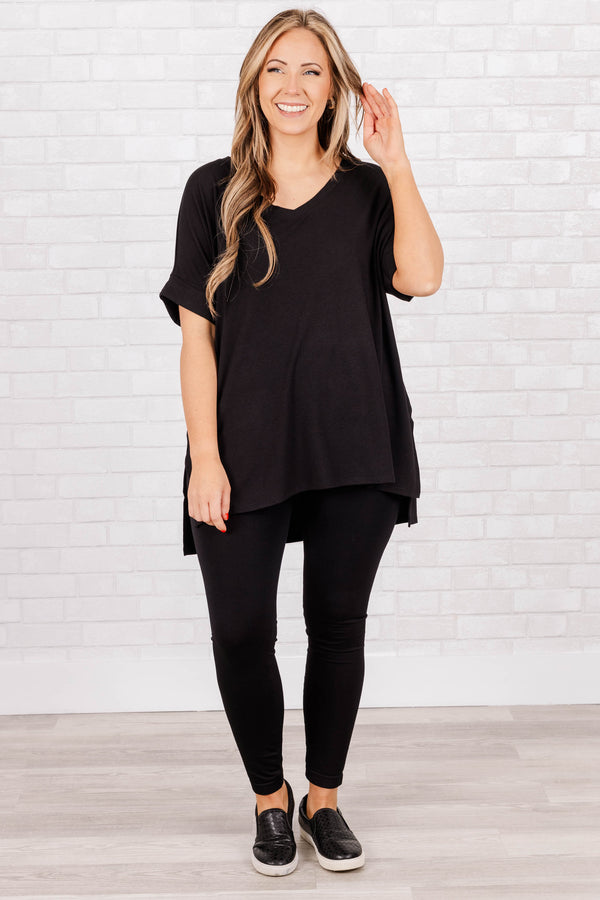 Chic Soul plus size clothing, black short sleeves top with pre cuffed sleeves and a v neck