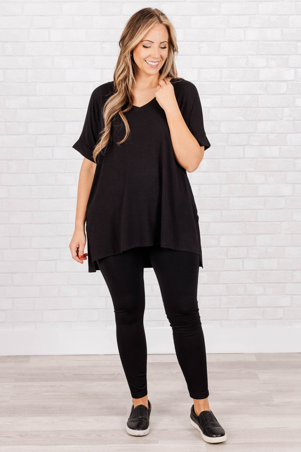 Chic Soul plus size clothing, black short sleeves top with pre cuffed sleeves and a v neck