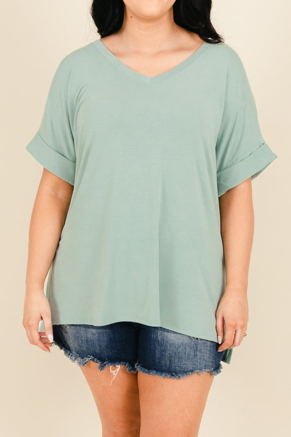 Chic Soul plus size clothing, light green short sleeves top with side slit and pre cuffed sleeves