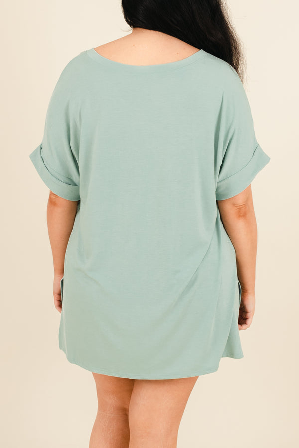 Chic Soul plus size clothing, light green short sleeves top with side slit and pre cuffed sleeves