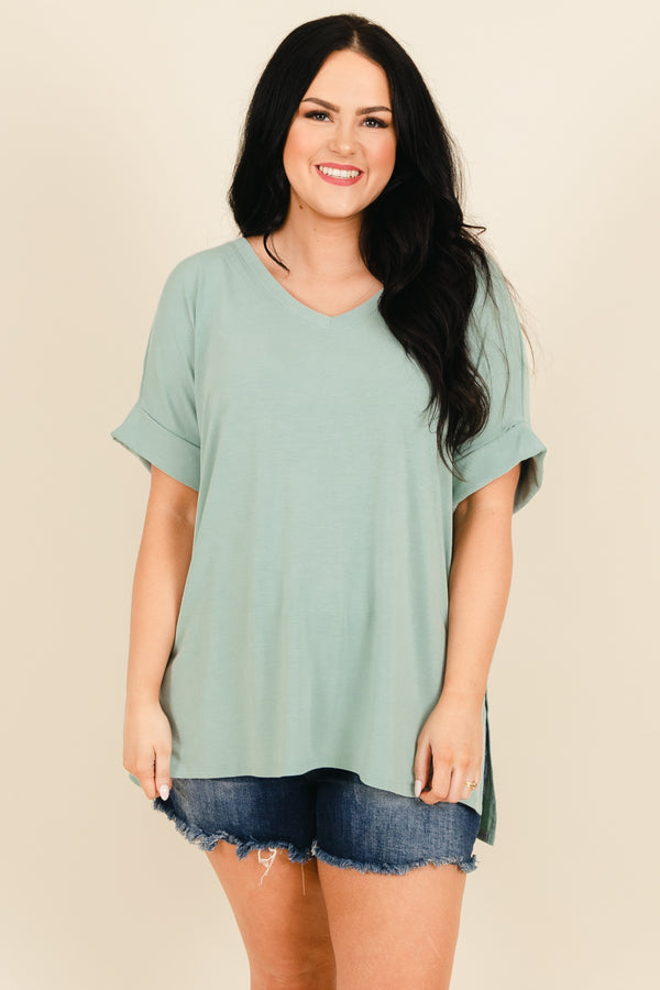 Chic Soul plus size clothing, light green short sleeves top with side slit and pre cuffed sleeves