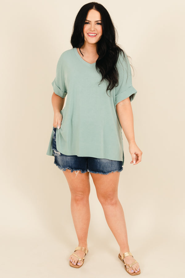 Chic Soul plus size clothing, light green short sleeves top with side slit and pre cuffed sleeves